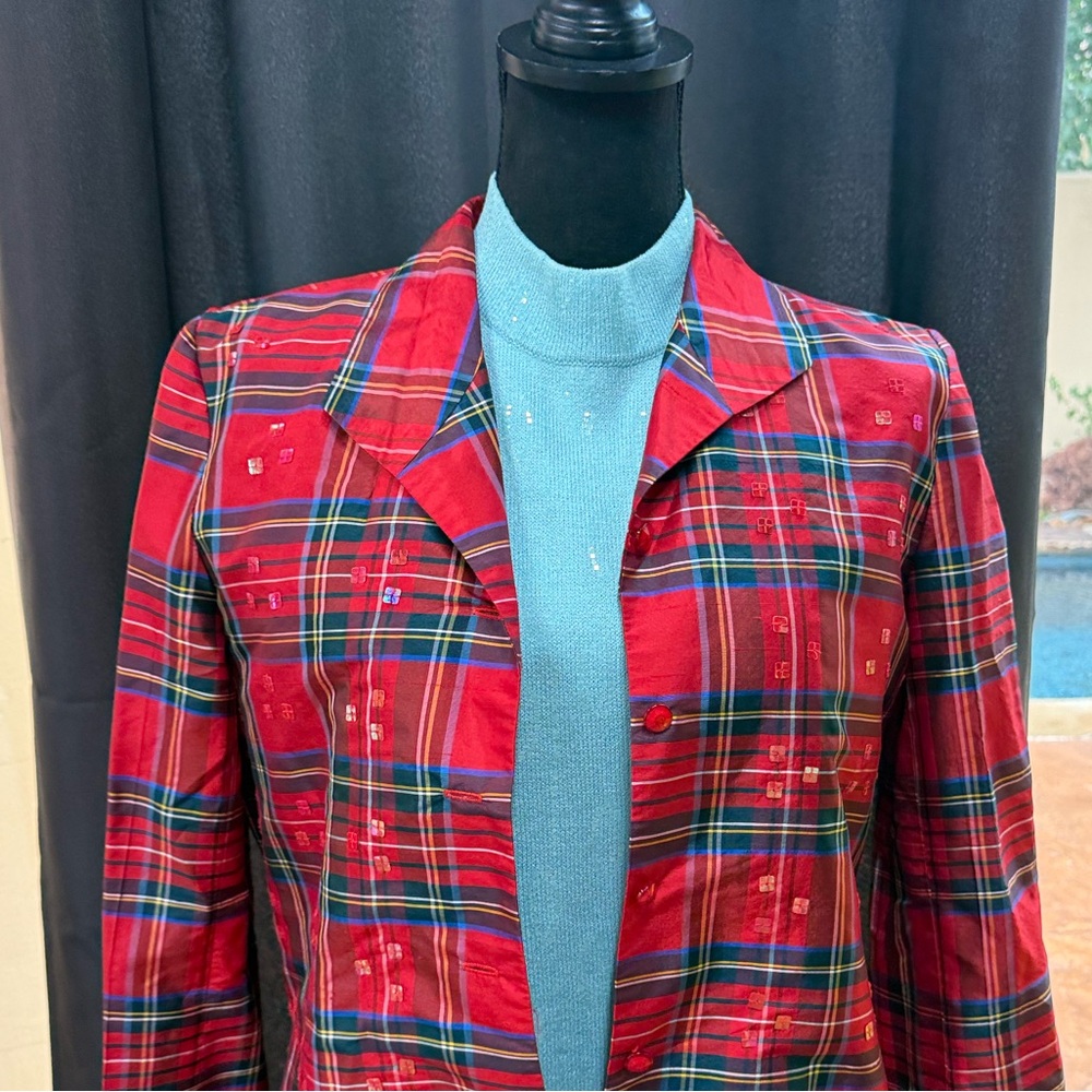 I.S.C. 100% Silk Red Plaid Embellished‎ Jacket – Size S Xmas ready NWOT